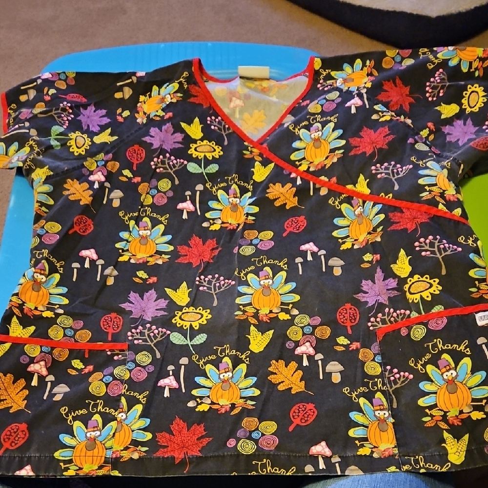 UA Scrubs Black Multicolor Thanksgiving Top